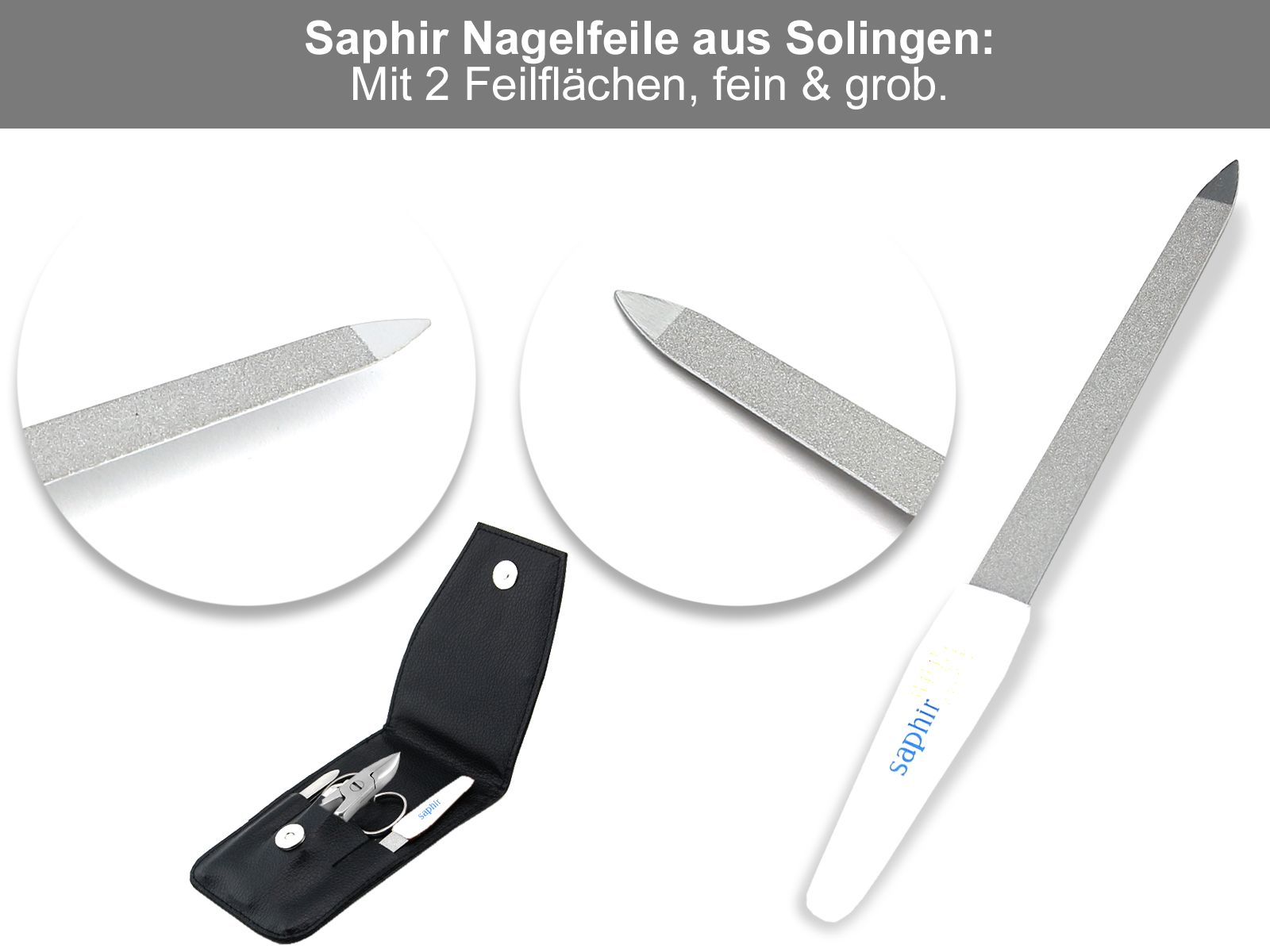 Saphir Echt-Leder 81050635 Solingen + Nagelfeile aus Etui schräge Maniküre Pinzette Nagelzange Nagelschere
