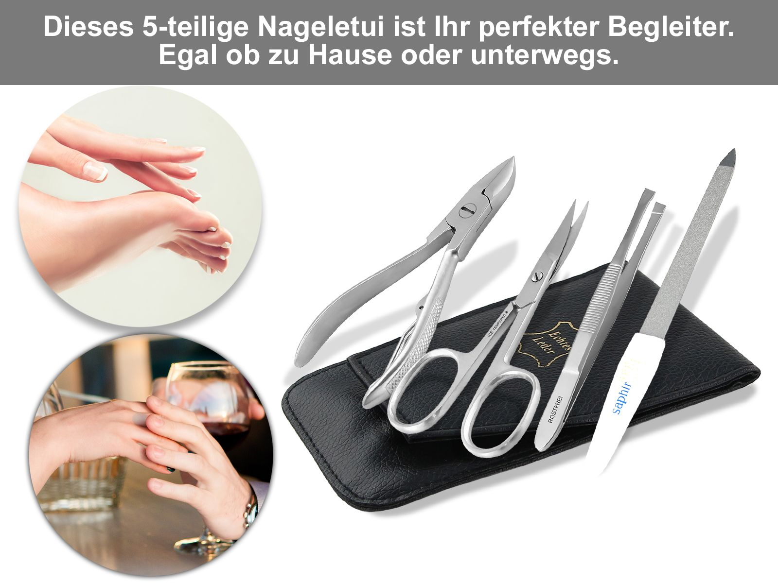 + Nagelzange Solingen 81050635 Etui Nagelschere Nagelfeile aus Saphir Maniküre schräge Pinzette Echt-Leder
